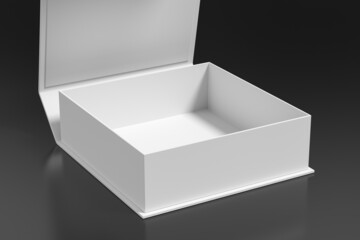 White opened square folding gift box mock up on black background. Side view.