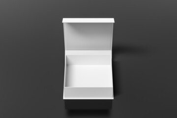 White opened square folding gift box mock up on black background. Front view.