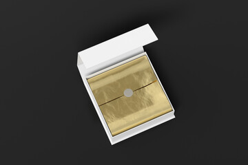 White opened square folding gift box mock up with gold wrapping paper on black background. View above.