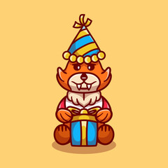 cute fox wearing hat and birthday present