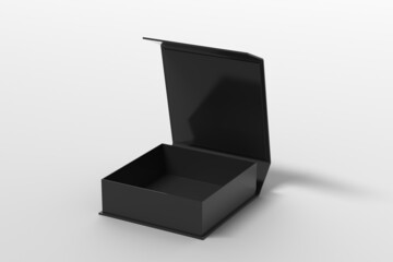 Black opened square folding gift box mock up on white background. Side view.