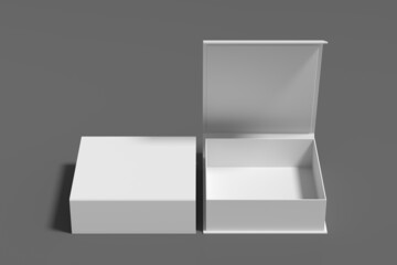 White opened and closed square folding gift box mock up on gray background. Front view.