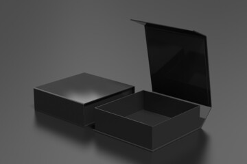 Black opened and closed square folding gift box mock up on black background. Side view.