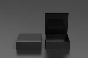 Black opened and closed square folding gift box mock up on black background. Front view.