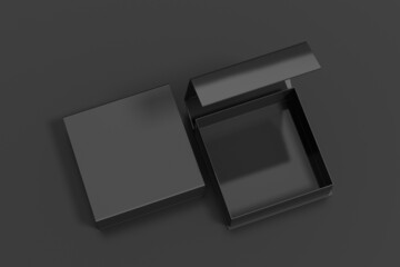 Black opened and closed square folding gift box mock up on black background. View above.