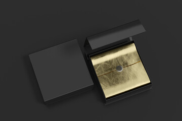 Black opened and closed square folding gift box mock up with gold wrapping paper on black background. View above.