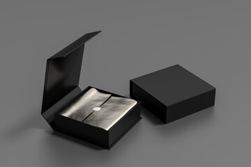 Black opened and closed square folding gift box mock up with silver wrapping paper on gray...