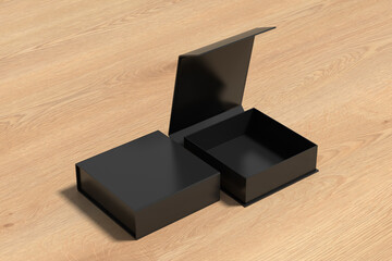 Black opened and closed square folding gift box mock up on wooden background. Side view.