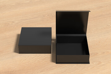Black opened and closed square folding gift box mock up on wooden background. Front view.