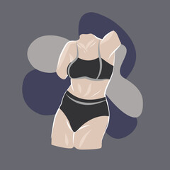 Obraz premium Szczupła kobieta w sportowej bieliźnie. Kobieca wysportowana sylwetka w bikini. Dziewczyna pozująca jak kulturystka. Kompozycja w minimalistycznym stylu. Kochaj swoje ciało - body positive.