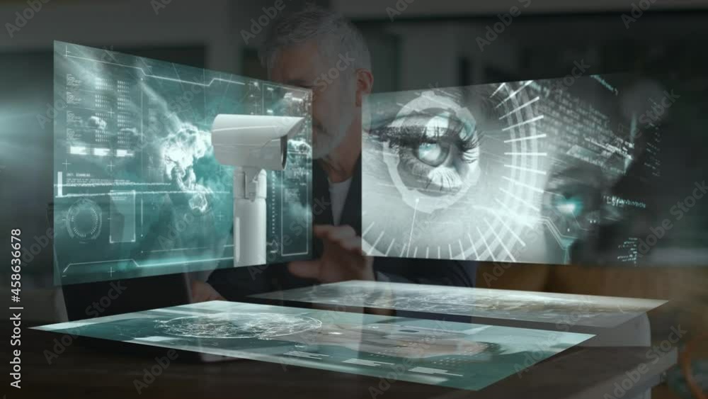 Aufkleber animation of financial data processing on screens and security camera over businessman in office