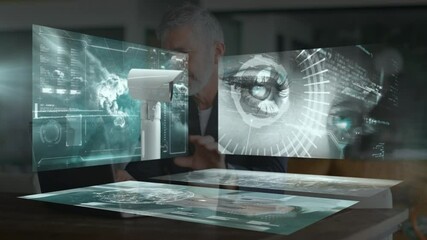 Animation of financial data processing on screens and security camera over businessman in office - Powered by Adobe
