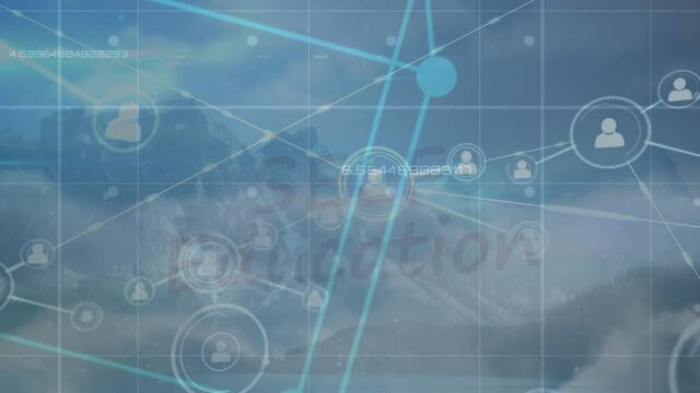 Animation of network of connections and self education writing over cloudy sky