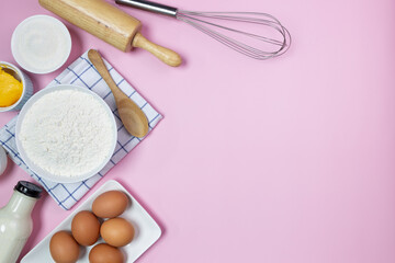 food ingredients recipe on pink background