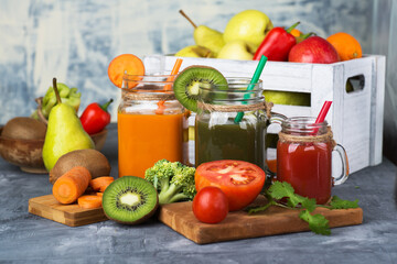 Healthy vegetable juices of carrot, celery, beetroot and tomato