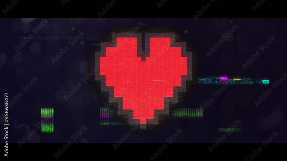 Poster Digital animation of glitch effect over pixelated red heart icon against black background