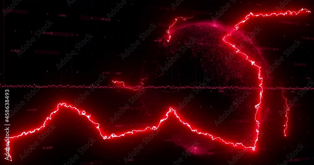 Poster animation of glowing red lightning flashes over red globe and data processing on black background