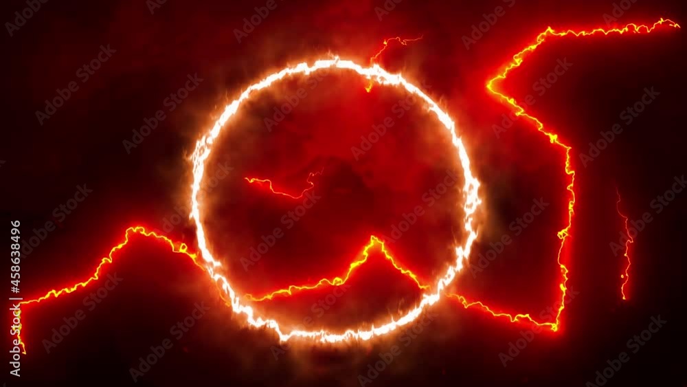 Poster animation of glowing orange lightning flashes and flaming circle on dark screen