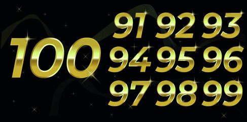 Set of vector gold numbers. 91,92,93,94,95,96,97,98,99,100 - gold numbers with black background and gold details, logo design, poster, banner, art. Set of metallic font typography numbers