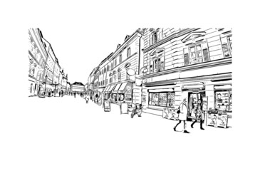 Obraz premium Building view with landmark of Klagenfurt is the city in Austria. Hand drawn sketch illustration in vector.