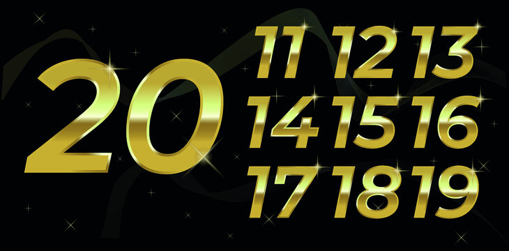 Set of vector gold numbers. 11,12,13,14,15,16,17,18,19,20 - gold numbers with black background and gold details, logo design, poster, banner, art. Set of metallic font typography numbers