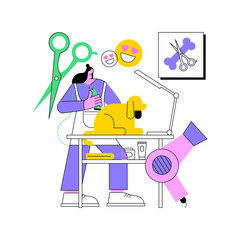 Grooming salon abstract concept vector illustration. Grooming appointment in salon, mobile pet service, beauty shop, doggie day spa, haircut, paws treatment parlor, animal care abstract metaphor.