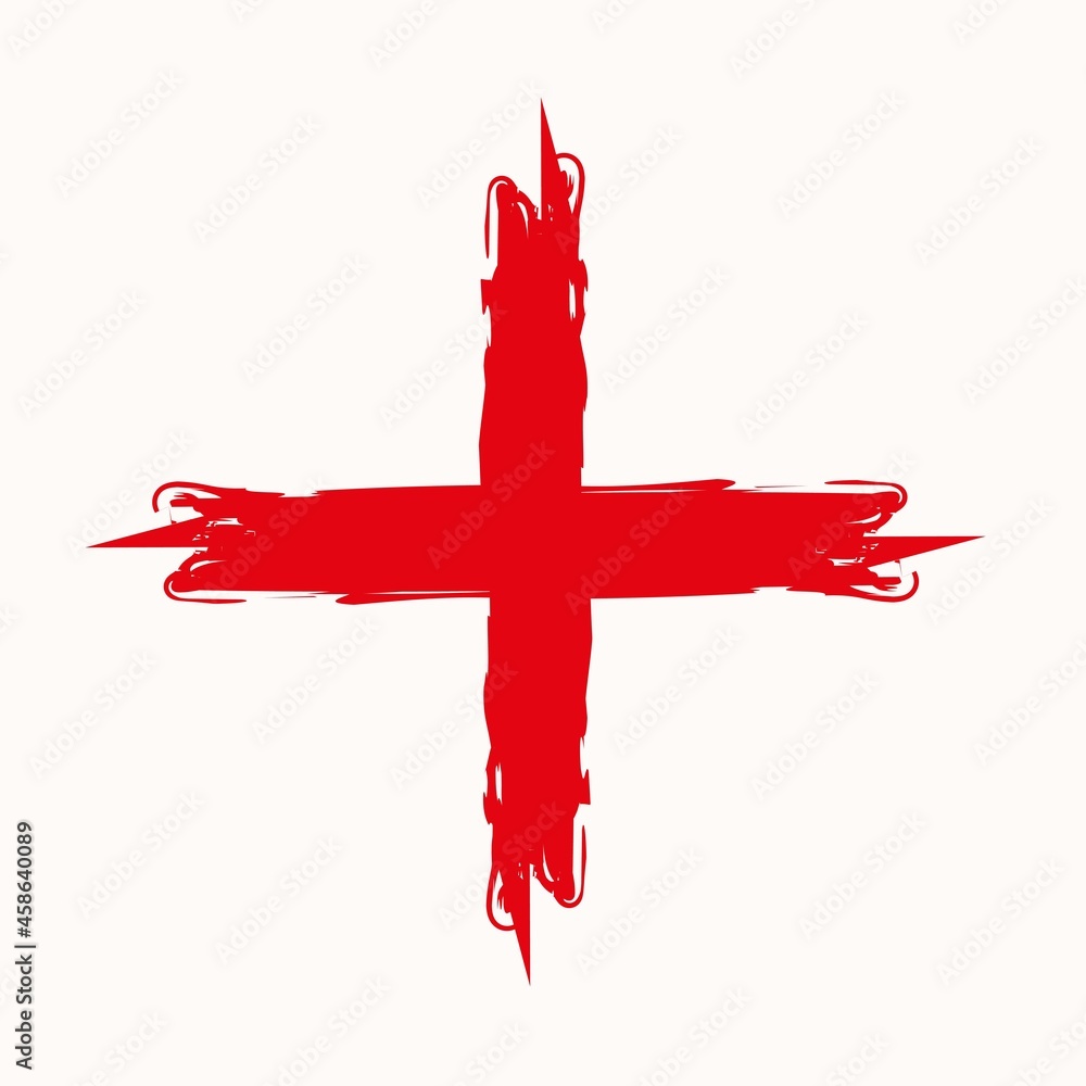 Poster red plus icon on white background. paint marker strokes. math backdrop. ink art design. vector illus
