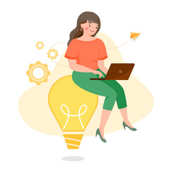 Woman working on laptop, online job or e-learning. Girl looking at computer and sitting on light bulb with thinking process, problem solving, new idea and creativity concept. Flat vector illustration.
