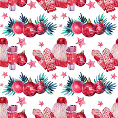 Watercolor winter seamless pattern. Red hat, mittens, thermo cup of tea or coffee, christmas decoration ball, green branch tree, star on white. Background for celebration, invite, sketchbook