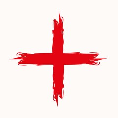 Red plus icon on white background. Paint marker strokes. Math backdrop. Ink art design. Vector illustration. Stock image.