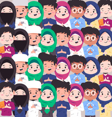 Various couple Muslim Islamic character face with various dress diversity in Islam mosaic modern cartoon flat color style vector design