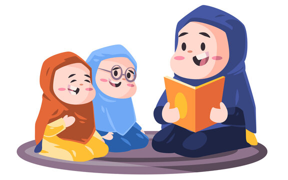 muslim woman with hijab teaching holy book alquran Quran with children modern cartoon flat color style isolated vector design