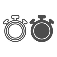 Stopwatch with button, full circle, chronometer, timer line and solid icon, time concept, clock vector sign on white background, outline style icon for mobile concept and web design. Vector graphics.