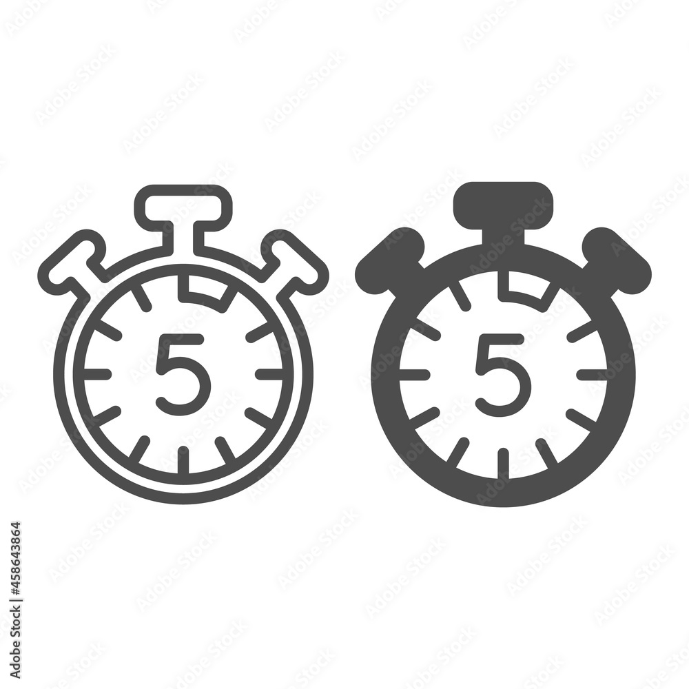 Poster stopwatch with buttons, 5 seconds, timer, chronometer line and solid icon, time concept, clock vecto