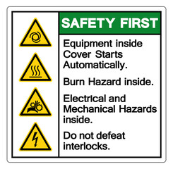 Safety First Equipment Inside Cover Starts Automatically Burn Hazard Inside Electrical and Mechanical Hazards Inside Do not Defeat Interlocks ,Vector Illustration, Isolate On White Background Label. E