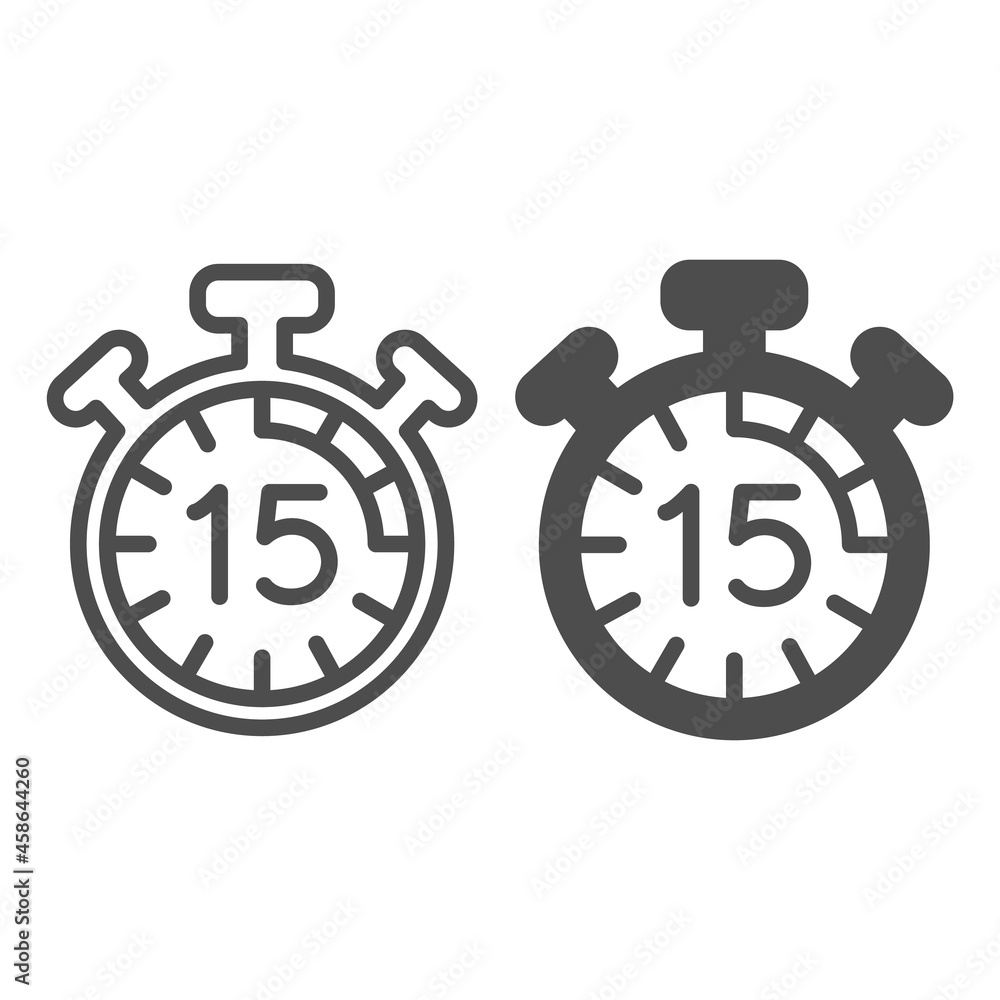 Poster stopwatch with buttons, 15 seconds, timer, chronometer line and solid icon, time concept, clock vect
