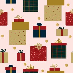 Seamless Christmas pattern, gift box, gold confetti, white background. Fabric material, packaging, wallpaper, design for textiles, vector illustration