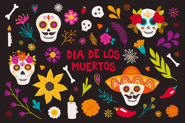 Day of the dead set with scull, flower, bone, candle