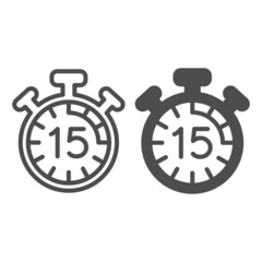Stopwatch with buttons, 15 seconds, timer, chronometer line and solid icon, time concept, clock vector sign on white background, outline style icon for mobile concept and web design. Vector graphics.