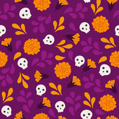 Fototapeta na wymiar Day of the dead seamless pattern with scull and marigold