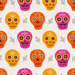Day of the dead seamless pattern with colorful sculls, branches