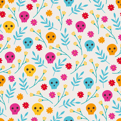 Day of the dead seamless pattern with flowers, leaves, sculls