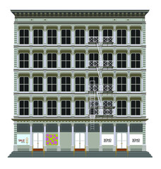 Building with a cast iron facade typical of the Soho district region of southern Manhattan Island in New York. With fire escape and on the ground floor, shop windows. EPS vector illustration