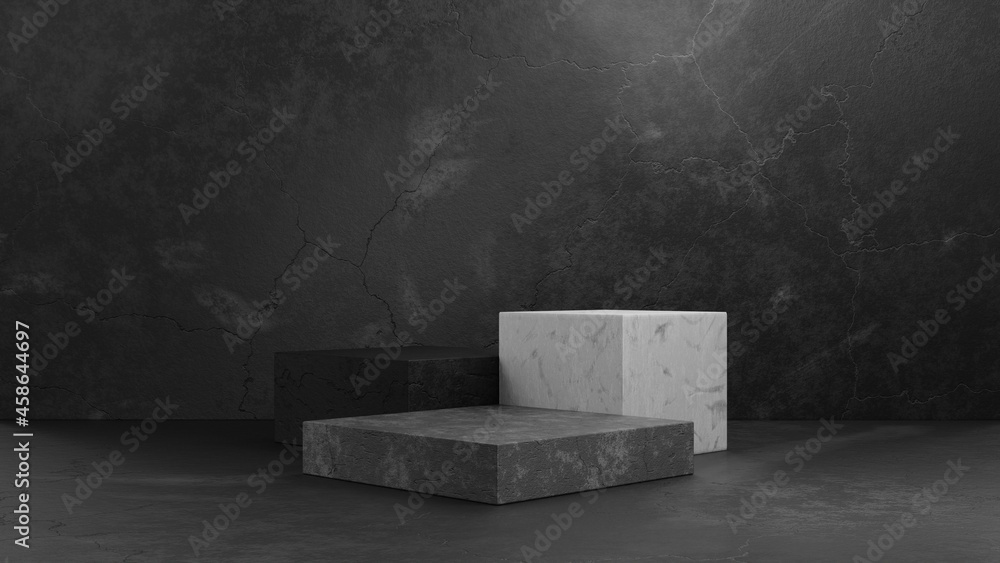 Poster cube concrete pedestal podium on dark grey concrete studio room background for presentation template