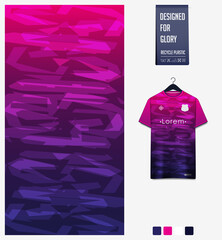 Soccer jersey pattern design.  Abstract pattern on violet background for soccer kit, football kit or sports uniform. T-shirt mockup template. Fabric pattern. Abstract background. 