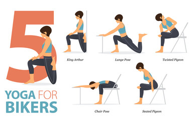 5 Yoga poses or asana posture for workout in bikers concept. Women exercising for body stretching. Fitness infographic. Flat cartoon vector