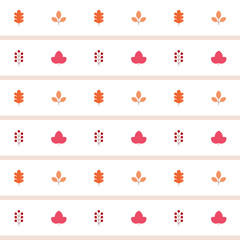 A pattern background graphic design of a brown color stripe pattern and a combination of cute autumn icons. Fallen leaves, leaves, foliage and berries icons collection.