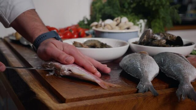Cleaning Fish Before Cooking. Sea Food. Slow Motion footage. Food Video.