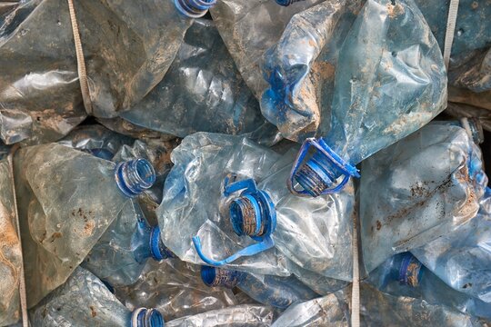 Plastic bottles in bales for waste recycling
