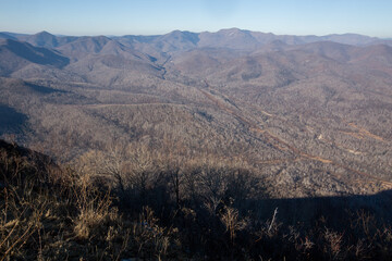 View from above. Autumn forest in the Primorsky Territory. A view from the top of Sakharnaya Mountain near Dalnegorsk to a dry autumn forest.